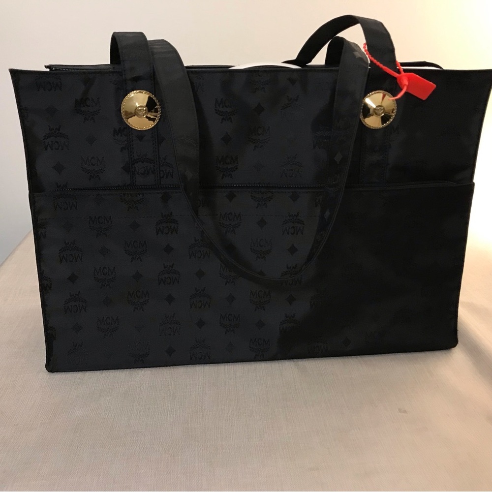MCM Jumbo Nylon Tote Bag, Black on Black